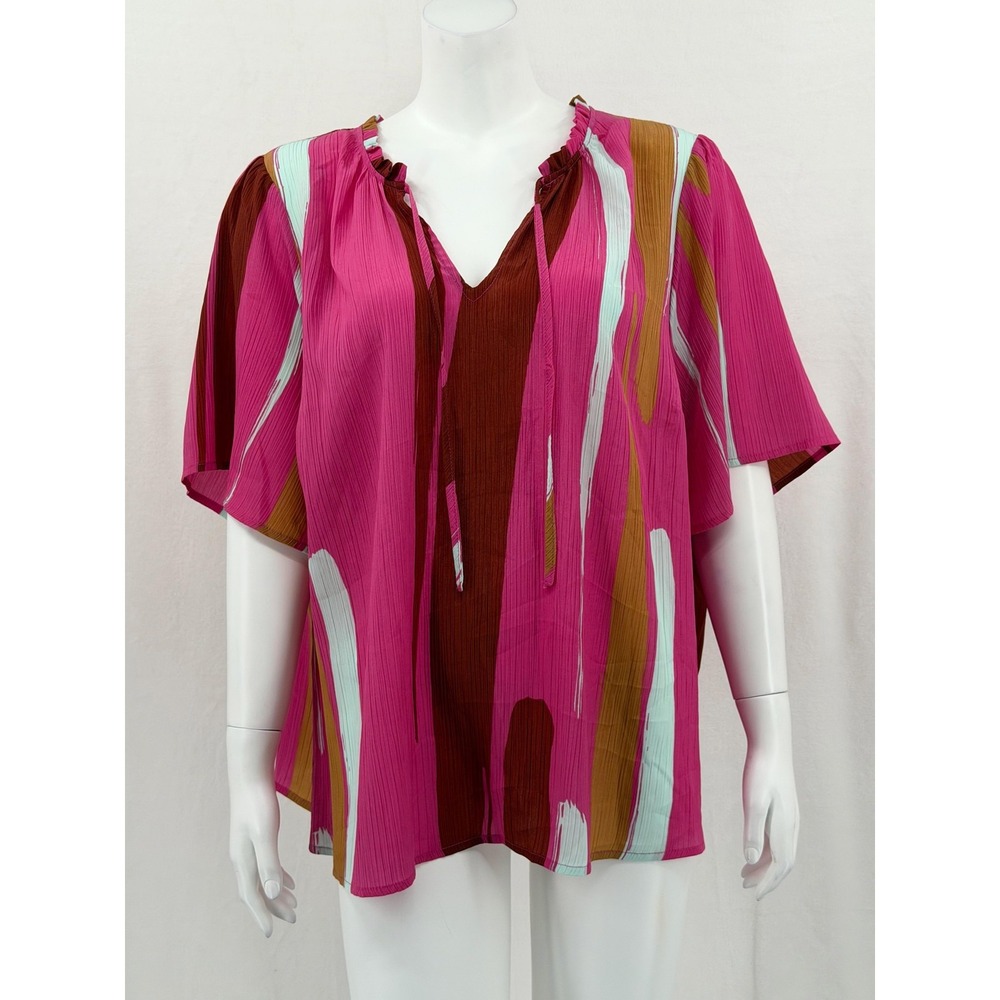 Nine West Top‎ Womens 2X Pink Abstract Pleated Boho Peasant Artsy V-Neck Sheer